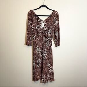 K & Company Women's Animal Print‎ Ruched V-Neck Tie Waist Dress Size 16